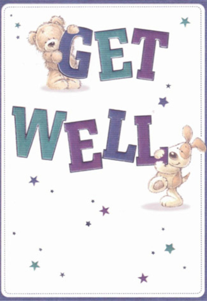 Celebrating the spirit of caring that defines Bloomsbury, this heartfelt get well card is alive with charming artistry and positive energy. At its center, a lovable bear, illustrated with a gentle fluffiness reminiscent of the softest blooms, and a bright-eyed puppy with floppy, gracefully shaded ears, work together to present a jubilant message: 'Get Well'. The bold, oversized text, shaded in harmonious purples and aquas, anchors the design with a cheerful confidence. Around the characters, playful starbursts in indigo and midnight blue drift like scattered petals across a clean, creamy background, invoking the sky above Brunswick Square on a clear evening. There's a tangible, inviting texture to the illustration-the tactile suggestion of soft fur and smooth letterforms-mirroring the thoughtful touch given to each bouquet arranged by Flowers Bloomsbury florists. The whole scene radiates an aura of hope and gentle encouragement, making it ideal for lifting the spirits of loved ones recovering anywhere near the literary heart of London. As with every handpicked flower or carefully tied ribbon, the card's design is brimming with genuine care, poised to accompany a vibrant bouquet sent throughout Bloomsbury.