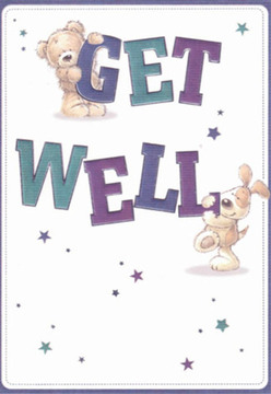Radiating a gentle warmth reminiscent of quiet moments spent among Bloomsbury's gardens, this get well card features two charming companions-a cuddly teddy bear and an exuberant puppy-engaged in the simple but profound act of sending good wishes. The duo, illustrated with tender brushstrokes, seem to bring the words 'Get Well' to life. Each letter, bold and rounded in elegant hues of purple, teal, and indigo, stands out against a crisp, inviting background, reminiscent of the clean lines of Bloomsbury's Georgian townhomes. Delicate stars, sprinkled in varying shades of blue and purple, dance around the characters, adding a sense of hope and playful magic tailored for recovery. The soft, plush quality of the teddy's fur and the velvety ears of the puppy evoke a desire for comfort-something deeply familiar to those who cherish a bouquet from local Bloomsbury florists. This card feels composed with the same careful intention as flowers gathered from markets along Marchmont Street, each detail thoughtfully chosen to nurture, soothe, and brighten the receiver's day. The illustration's joyful innocence and sincerity provide not just a message of wellness, but a gentle embrace, echoing Bloomsbury's traditions of community care.